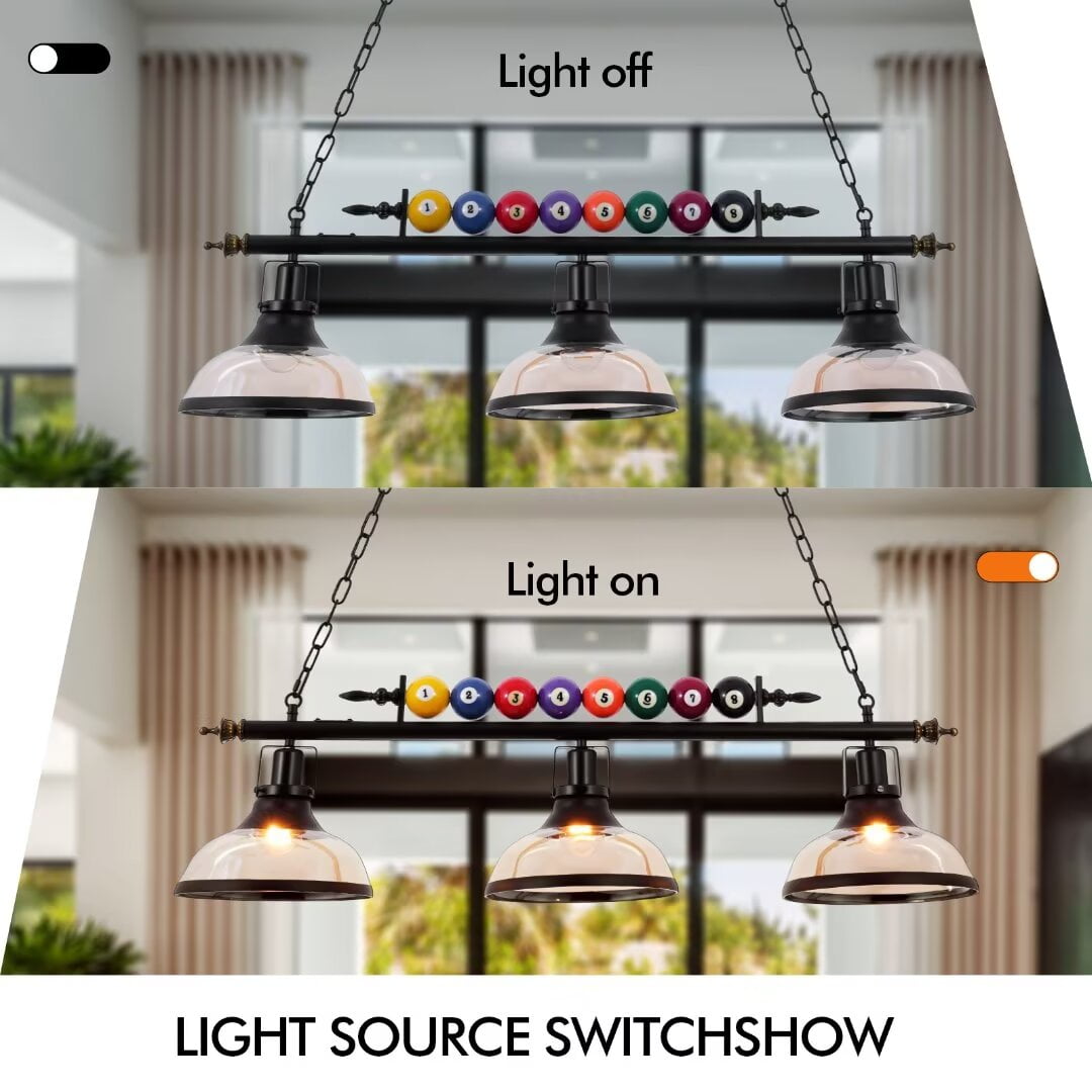 FINE MAKER Black Metal Ball Design Billiard Chandelier, Pool Table Lighting Pendant Light with 3 Glass Shades for Game Room Beer Party 7' - 8' Table
