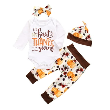 

Odeerbi Reduced Christmas Baby Boys Girls Outfit Newborn Infant Thanksgiving Print Letter Romper Pants with Hat Hairband Set White