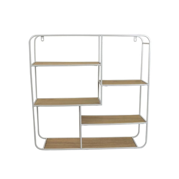 Benjara Decorative Wall Shelf with 6 Staggered Wood Racks, White Metal 24 Inch