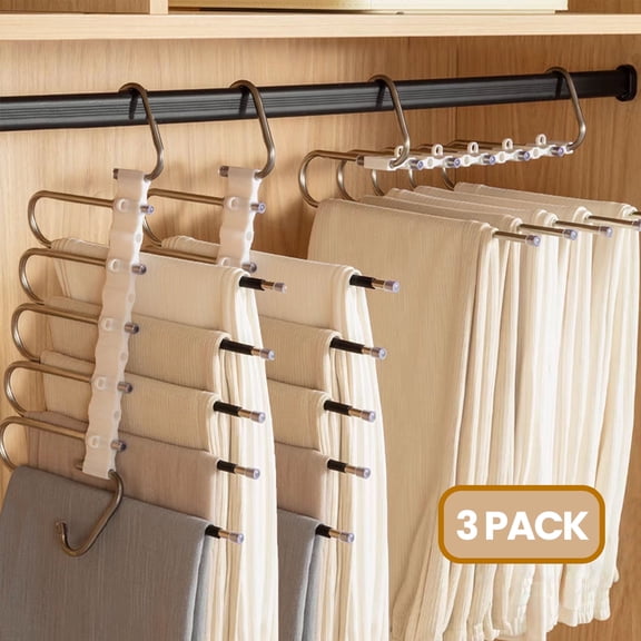 Pants Hangers Space Saving, 3 Pack Magic Non-Slip Stainless Steel Clothes Jean Hangers for Closet, Anti-Slip Hanger for Pants Skirts Scarf Legging
