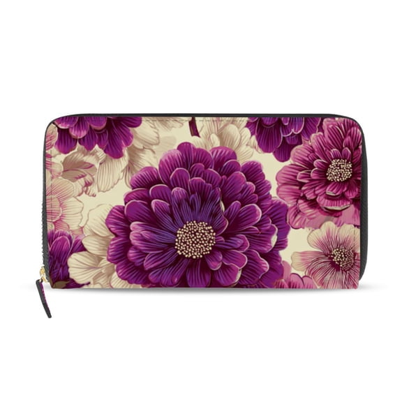 Large Flowers in Dark Purple Women's Long Zipper Wallet Bifold Clutch Purse PU Leather Card Cases