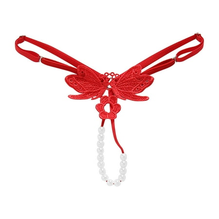 Ploknplq Thongs for Women Womens Underwear Sexy Crotchless Panties for Women Transparent Hot Embroidered Pearl Pants Open Crotch Thong Panties Panties for Women Womens Underwear Cotton Red One Size