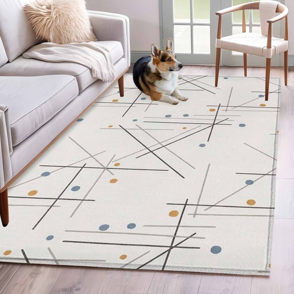 Modern Geometric Area Rugs 4'x6', Washable Small Throw Rugs for Office Bathroom, Minimalist Lines Polka Dots Abstract Beige Indoor Outdoor Rug Non-Slip Low Pile Carpet Runner Reversible Floor Mats