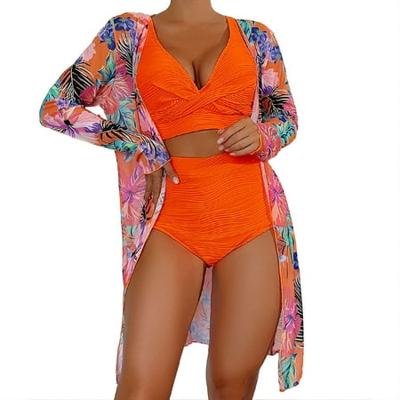 XUELUO Womens Bikinis Solid Color Sexy Spaghetti Strap Push Up Bra And High Waist Panty Set Long Sleeve Cover Up Three Pieces Tankinis Swimwears Activewear