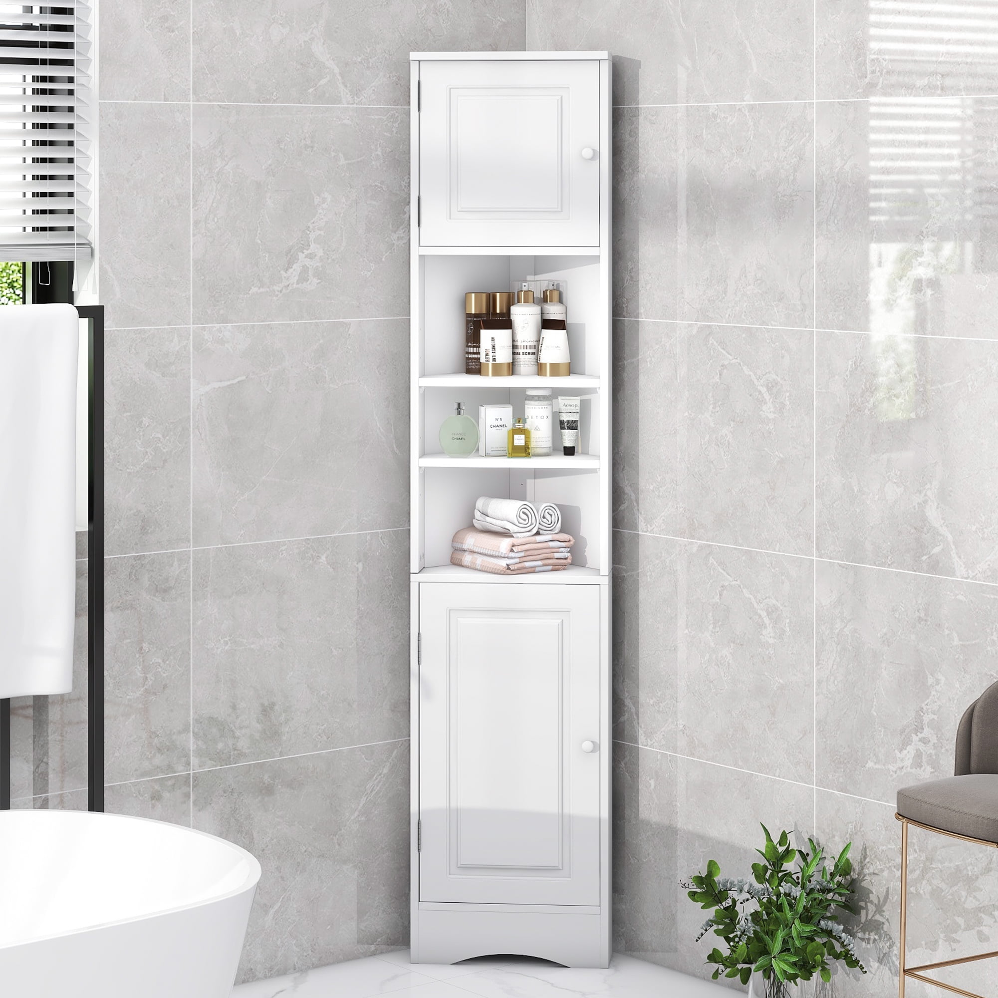 EUROCO 66.9" H Tall Corner Cabinet,Multi-Functional Corner Cabinet Tall Bathroom Storage Cabinet with Two Doors and Adjustable Shelves,Open Shelf,Space-Saving Design,White
