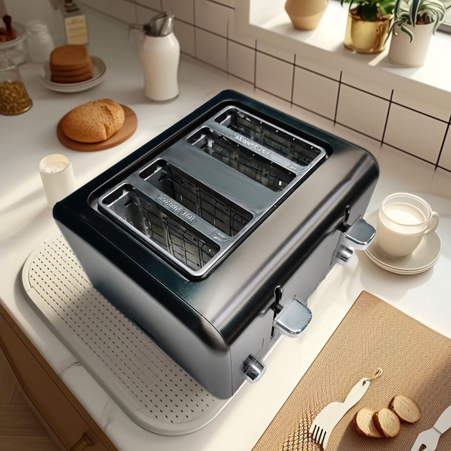 SEEDEEM 4 Slice Stainless Toaster with LCD Display, 7 Shade Settings, Wide Slots, Bagel/Defrost/Reheat Functions, Removable Crumb Tray, 1800W