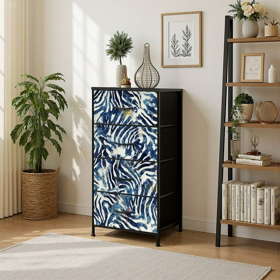4 Drawer Vertical Storage Dresser Hand Watercolor Zebra Animal Skin Dye with Wood Top Fabric Pull Drawers