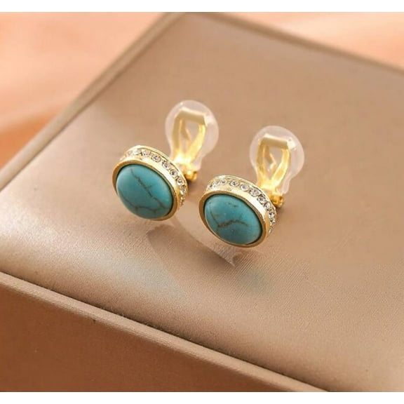 Clip on 3/4" small gold, turquoise, and clear stone button style earrings