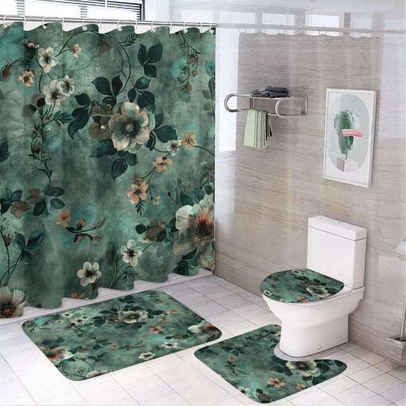 Shower Curtain Sets with Rugs 4 Piece Rug Toilet Lid Cover And Non-Slip U Shape Mat Flowers Print In Emerald Green Waterproof Shower Curtain Summer Floral for Bathroom Decor