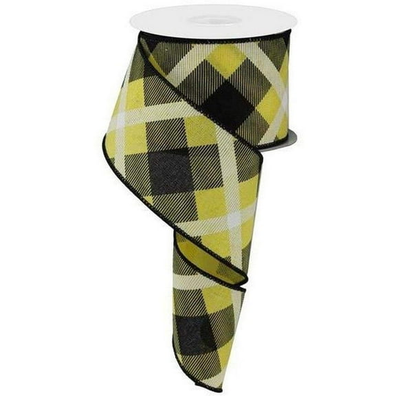 Plaid Canvas Wired Edge Ribbon, 10 Yards Yellow, Black, White, 2.5"