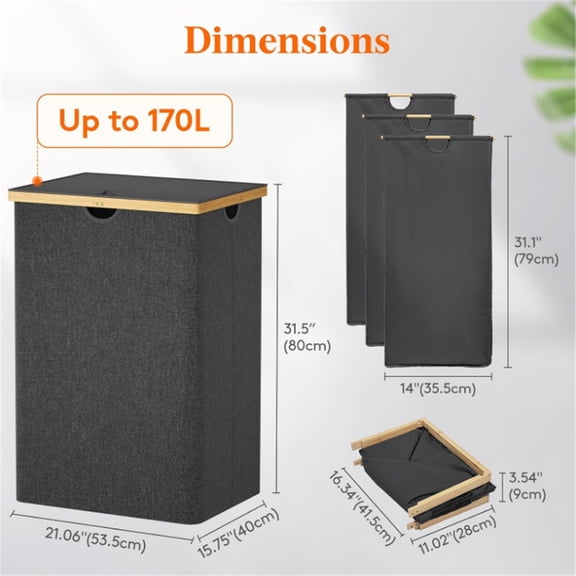 170L Triple Laundry Hamper with Lid, Extra Large Bamboo Laundry Basket Dirty Clothes Hamper,3 Section Laundry Bin Organizer for Laundry Room Bedroom with 3 Removable Liners & Bags, Dark Gray