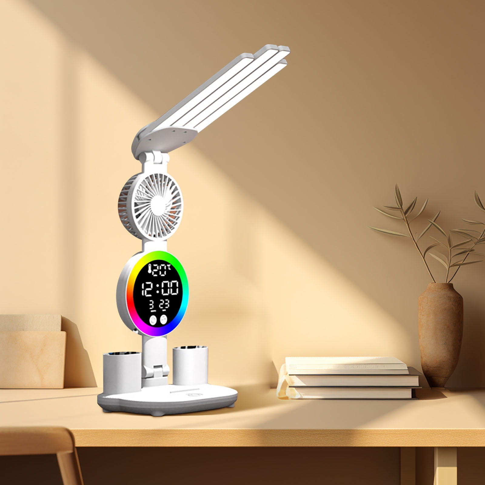 LLDYYDS Rechargeable Table Lamp Study Desk Lamp Reading Light Night Light with Fan Clock Dispaly Reading Desk Light