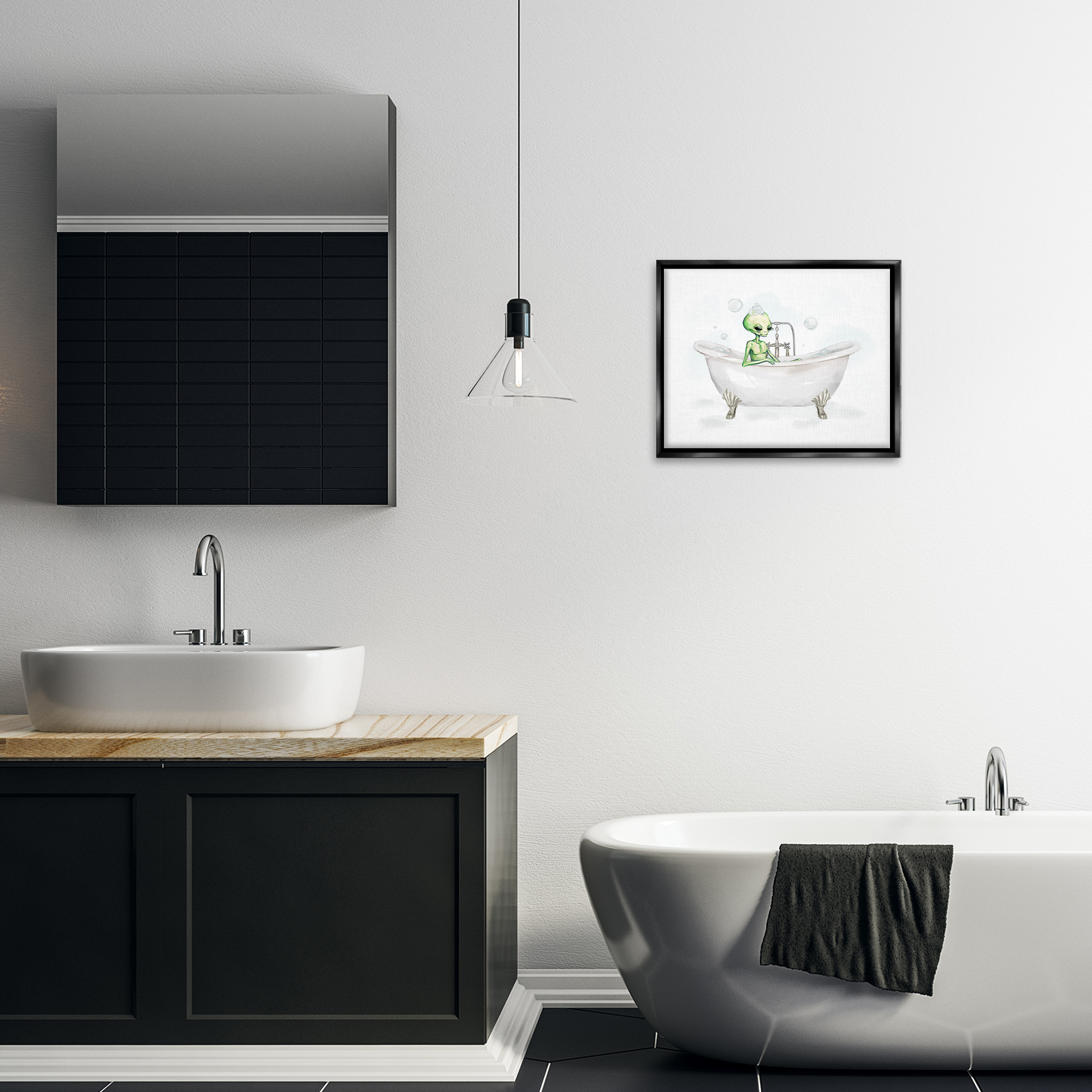 Stupell Industries Alien Bubble Bath Typography Painting Black Floater Framed Canvas Art Print Wall Art, 21 x 17