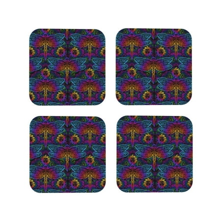 

Leather Coasters Set of 4 - Flamboyant Dragonfly Lightweight Non-Slip Drink Coasters for Desk Anti-Scalding Desk Cup Coasters for Office Table Decor Square