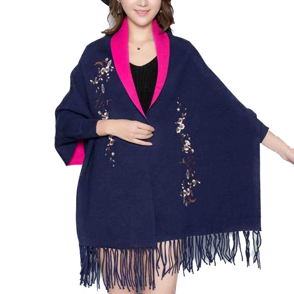 SWSMCLT Women's Poncho Cape Vintage Poncho Coat Scarf Batwing Sleeve Long Sleeve Warm Cardigan Oversized Fringe Winter Navy One Size