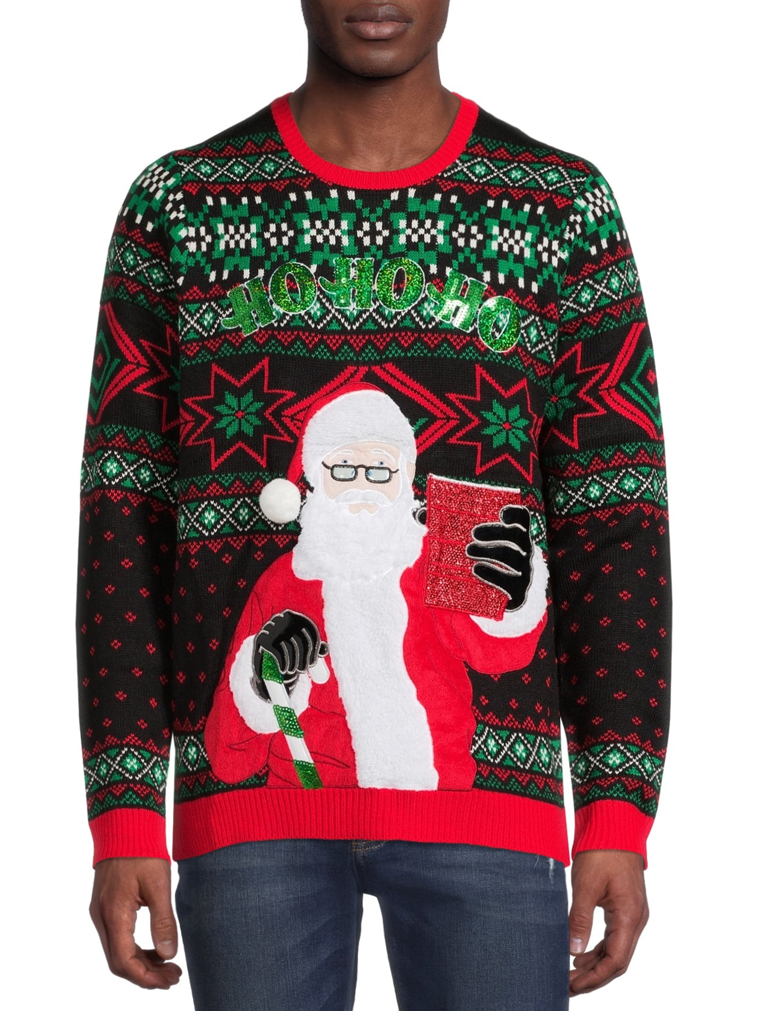 Holiday Time Men's & Big Men's Ho Ho Ho Santa Ugly Christmas Sweater ...
