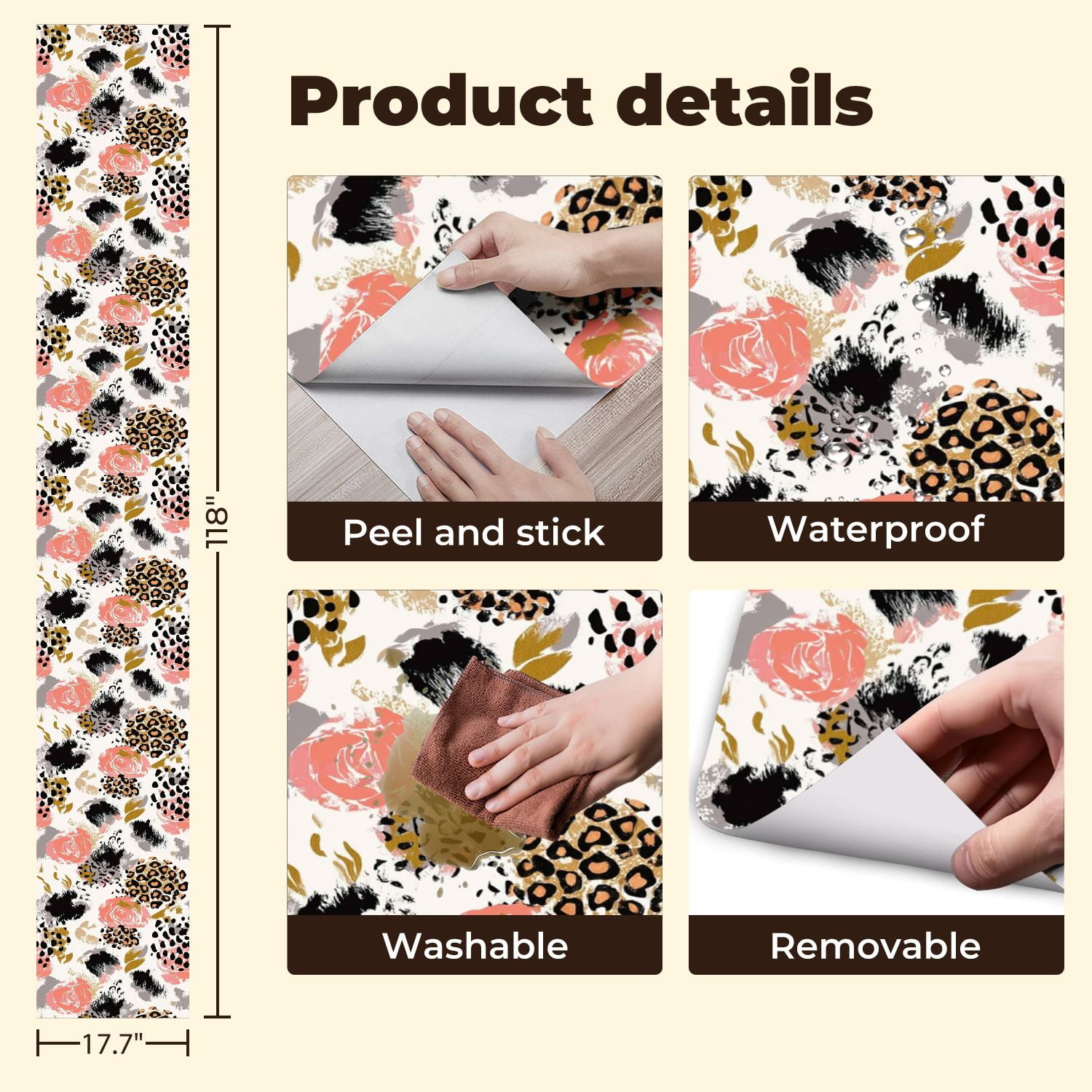 Vintage Peel and Stick Wallpaper Floral Leopard Print Bold Brushstrokes Pink Black Gold Tones Wall Mural 17.7in x 9.8ft Removable Wall Paper Renter Friendly Wallpaper for Nursery Bedroom Cabinets