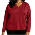 thumbnail image 2 of thefmos Women's V Neck 3/4 Sleeve Pullover Blouse with Pocket Plus Size Solid Color Casual Top Trendy Fall Spring Outfit, Red XL, 2 of 9