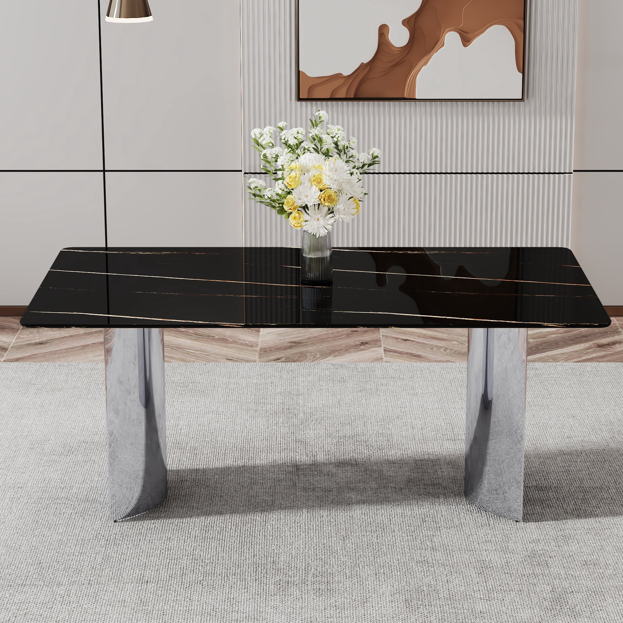 TesNus 71" Modern Marble Dining Table, Black Faux Marble Rectangle Table with Chrome Plated Metal Legs for Dining Room and Kitchen