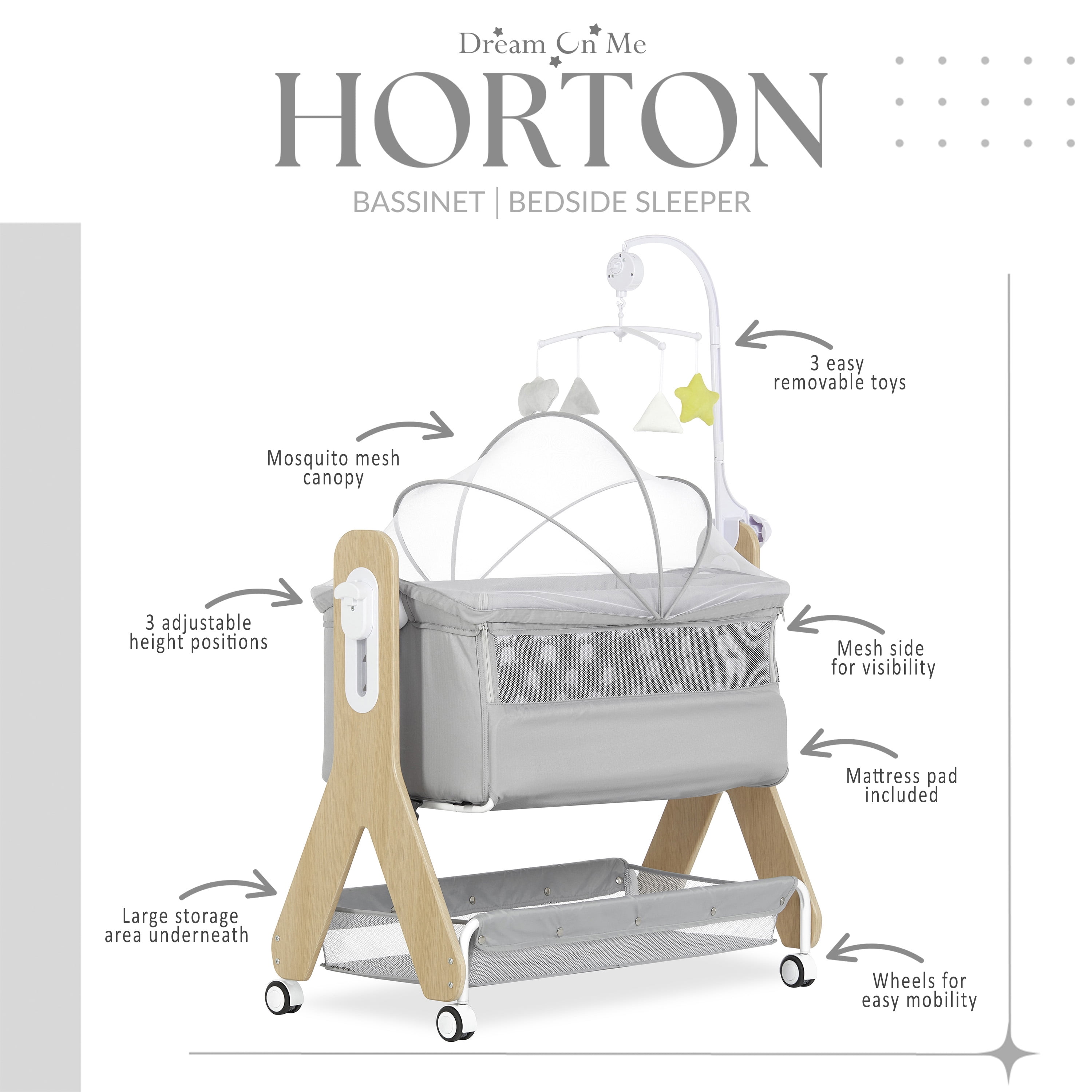 Dream On Me Horton Bassinet and Bedside Sleeper for Newborn In Gray, Large Storage Area
