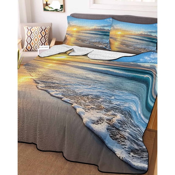 Summer Beach Queen Size Down Alternative Comforter, Lightweight Comforter Quilt Bedding Set with Pillow Shams Sunset Ocean Coastal Nautical All Seasons Bed Comforter Duvet Insert 90"x96"
