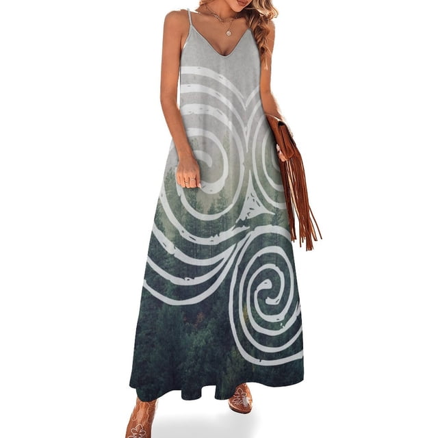 Vestido sin mangas con símbolos celtas y triple espiral de piedra de entrada de Newgrange, triskelion celta, vestido elegante de lujo para mujer
