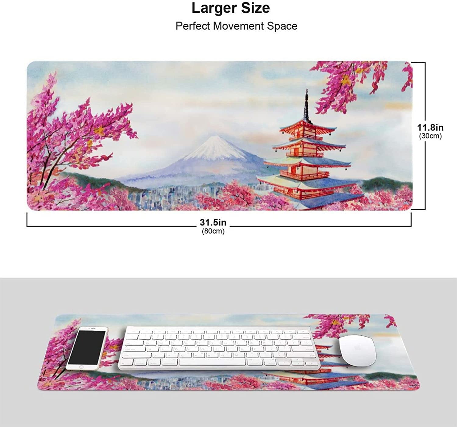 Japanese Cherry Blossom Gaming Mouse Pad XL, Extended Large Pink Full Desk Mousepad 31.5 X 11.8 Inch, Big with Stitched Edge, Non-Slip Long Computer Keyboard Mat for Office & Home Caburywe,