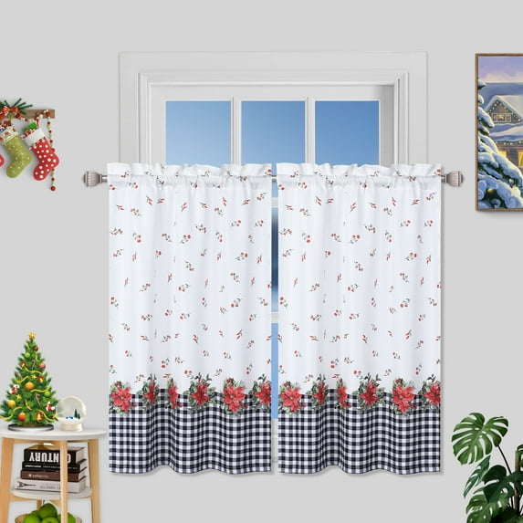 FairOnly Christmas Plaid Kitchen Curtains 27"W x 36"L Floral Blackout Window Treatments Drapes for Dining Room, Black/White, 2 Panels
