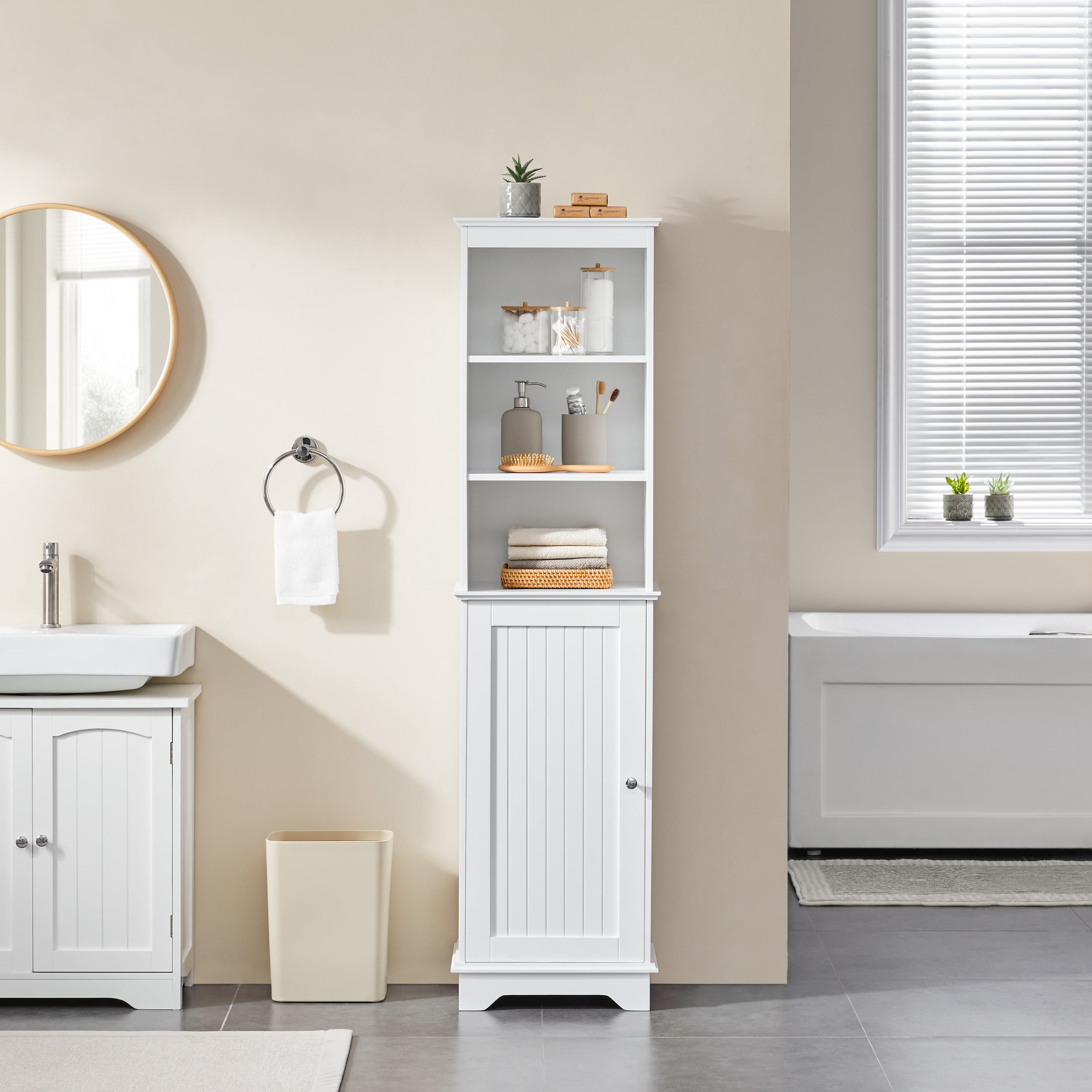 Alden Design Wooden Slim Bathroom Floor Cabinet for Small Space, White