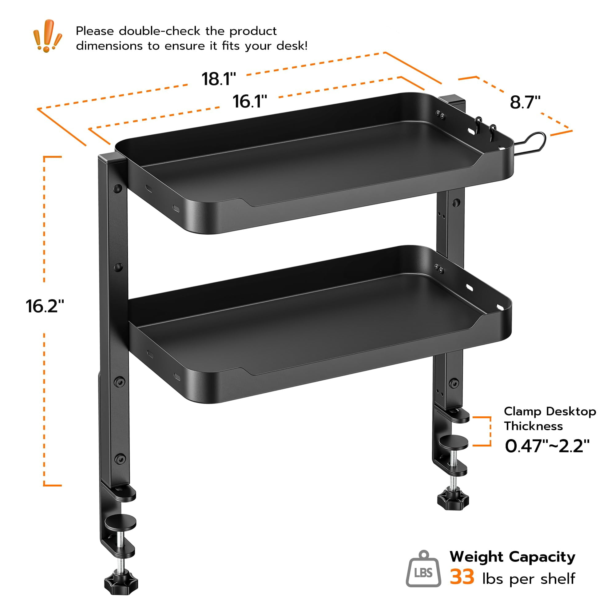 2-tier Clamp On Desk Shelf  16 Inch Adjustable Above Or Under Storage Shelves Holds 66 Lbs Heavy Duty Desktop Organizer With Headphone Holder For Working And Gaming Accessories Black