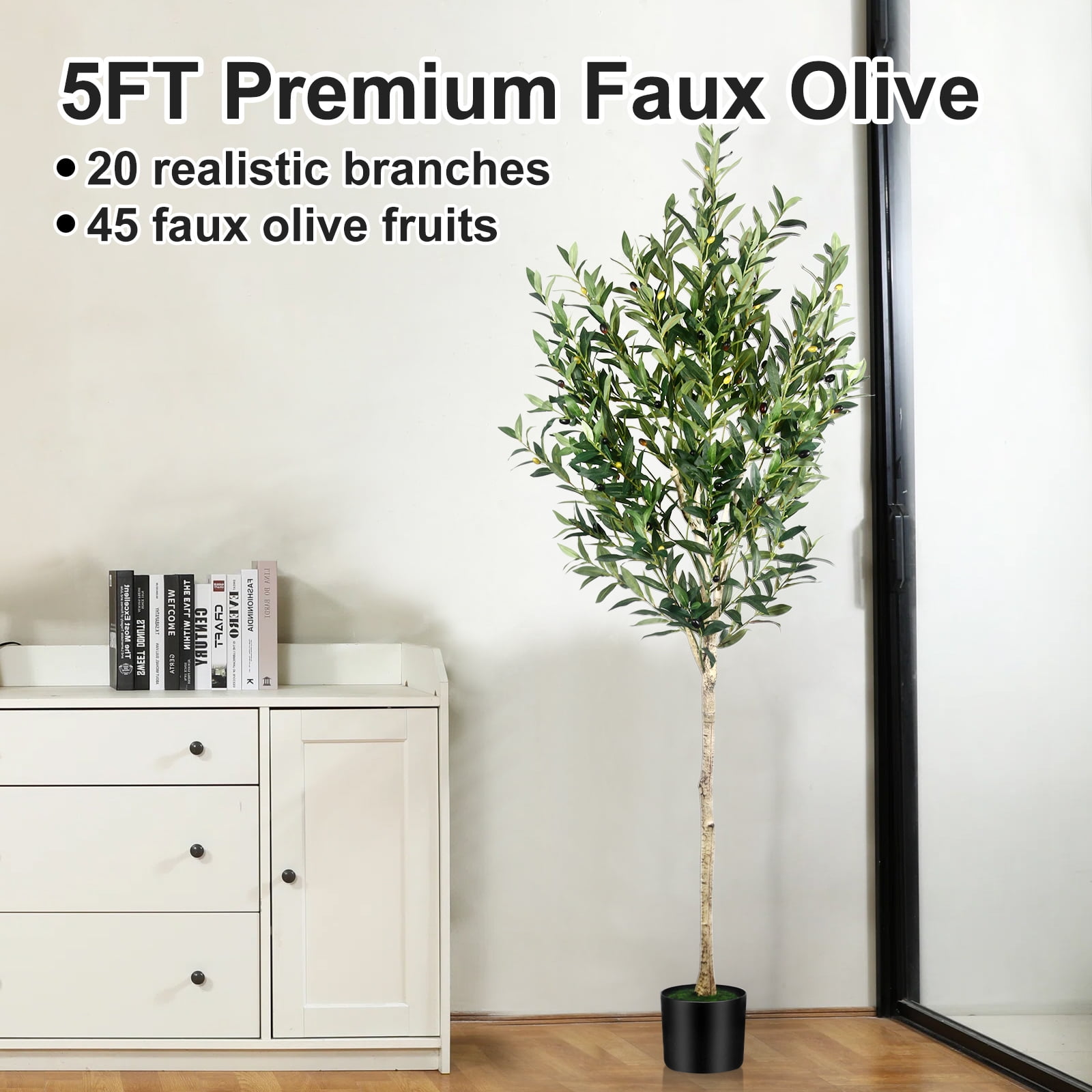 5 ft Artificial Olive Plants with Realistic Leaves and Natural Trunk, Silk Fake Potted Tree with Wood Branches and Fruits for Office Home Decor