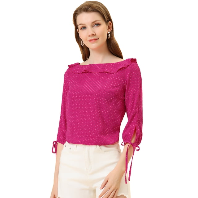 Blusa de lunares Allegra K Media Manga Cuello con Volantes Rosa Caliente M