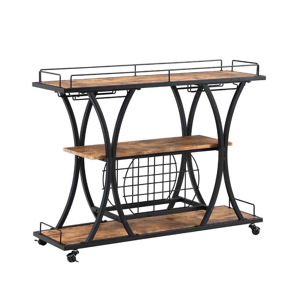 Kepooman Bar Carts, Industrial Bar Cart with Wine Rack and Glass Holder for Home, Black Kepooman Bar Carts, Industrial Bar Cart with Wine Rack and Glass Holder for Home, Black