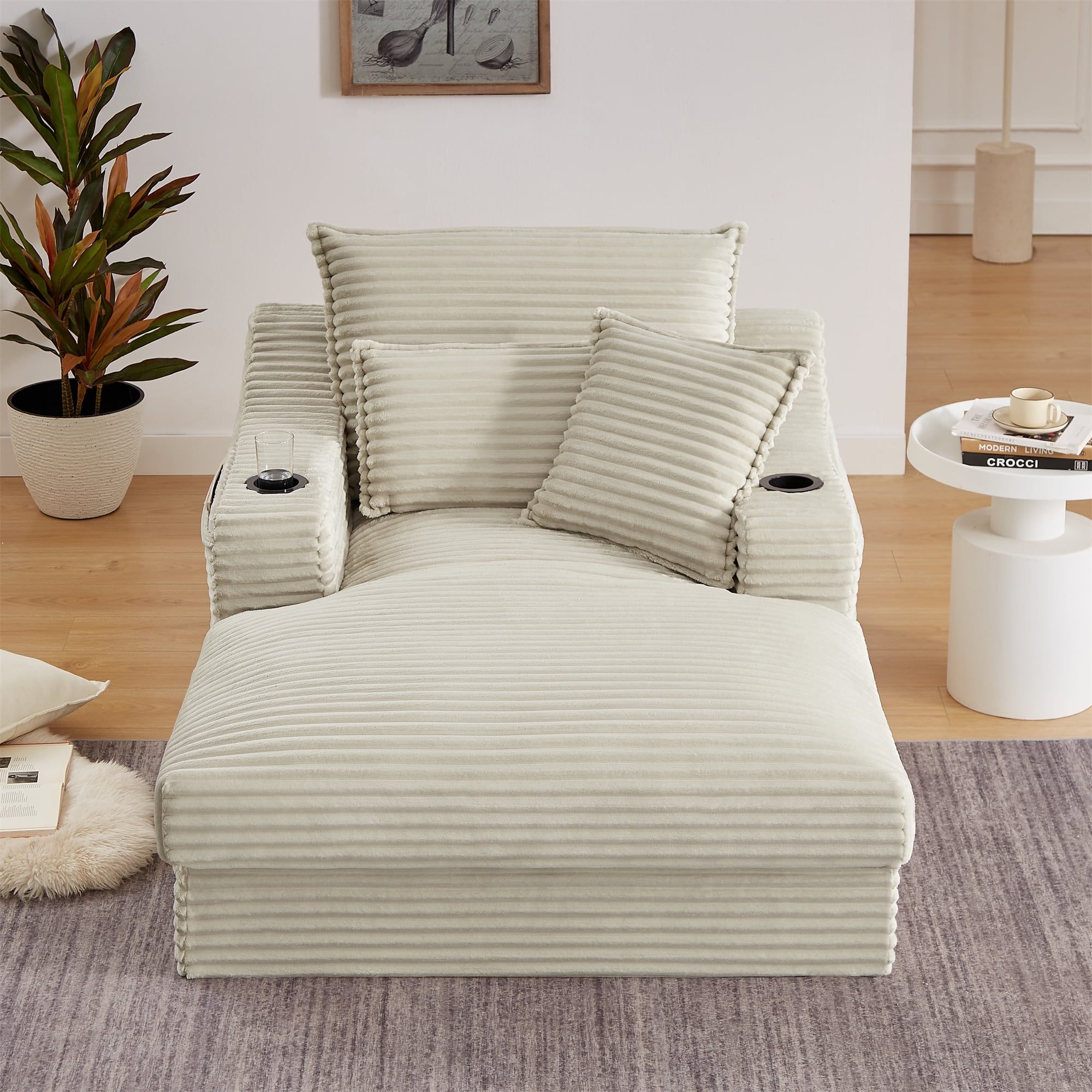 Aukfa 68" Oversized Chaise Lounge Boneless Couch with 2 Cup Holder&Side Pocket, 3Pillows, Corduroy, Camel