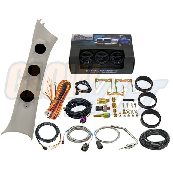 GlowShift | 2010-2018 Dodge Ram 6.7 Cummins Taupe Triple Gauge Pillar Pod with Tinted 7 Color Series 60 PSI Boost Gauge, 1500F Pyrometer EGT Gauge & 30 PSI Fuel Pressure Gauge