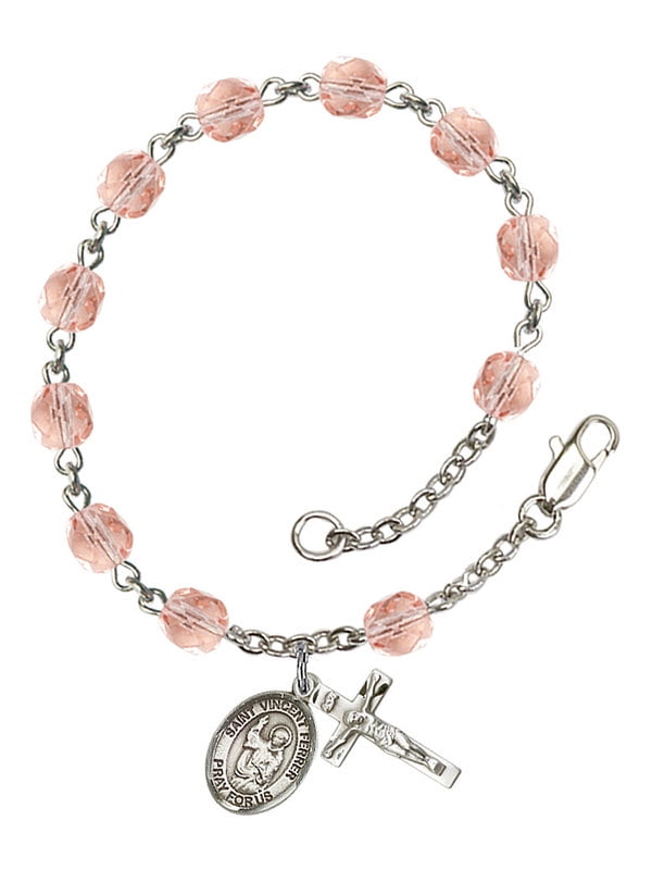 Bonyak Jewelry 18 Inch Rhodium Plated Necklace w/ 6mm Rose Pink October Birth Month Stone Beads and Saint Rosalia Charm