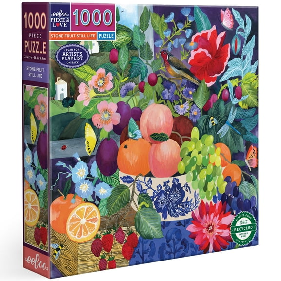 eeBoo Piece & Love: Stone Fruit Still Life - 1000 Piece Puzzle - 23" Square Adult Jigsaw, Malin Gyllensvaan’s Lush Orchard Nature Scene, Eco-Friendly
