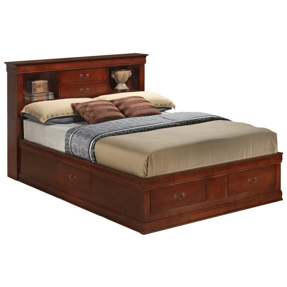 Passion Furniture Decorative Louis Philippe Cherry Queen Storage Platform Bed