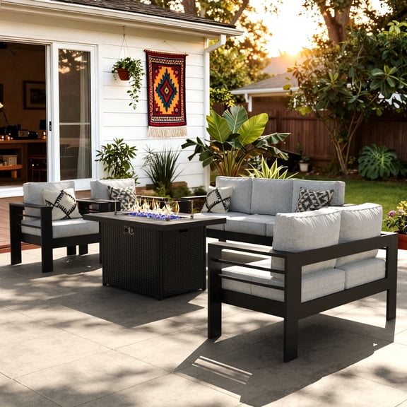 LayinSun Aluminum Furniture Set with Fire Pit Table, 5 Pieces Patio Sectional Conversation Chat Sofa Modern Seating Set