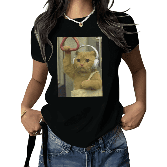 Funny Cat Shirt Print Tshirt Graphic Tees Shirts Black Women Headphone Cat Travel Humor Design Casual Summer Tee Size S-5XL Soft Daily Wear Tops