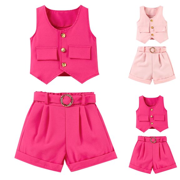 Eltusu Girls Outfit Sets, Button Sleeveless Elastic Waistband Summer Tops and Shorts Set Hot Pink Size 7-8 T