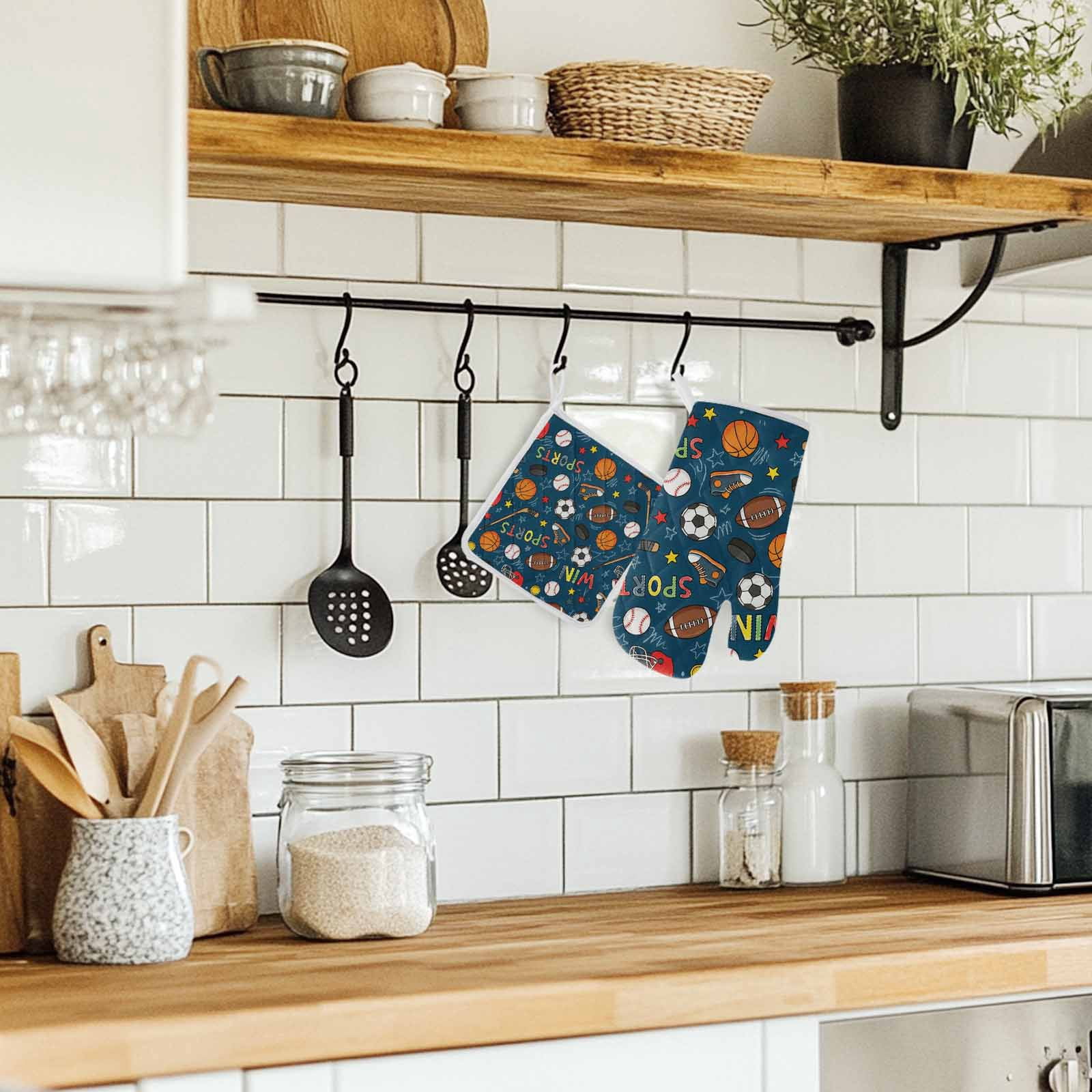 Oven Mitts and Pot Holder Set for Kitchen, Sports Balls Kitchen Oven Gloves Heat Resistance Non-Slip Surface Basketball Football Baseball Rugby Ice Hockey Hot Pads Sets for Cooking Baking BBQ