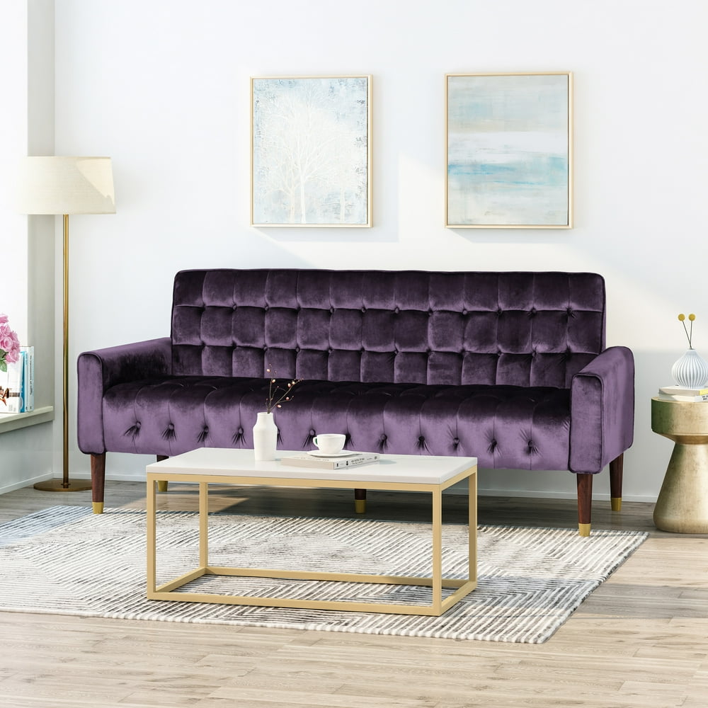 Noble House Gracelynn Tufted Velvet Sofa with Gold Tipped Tapered Legs