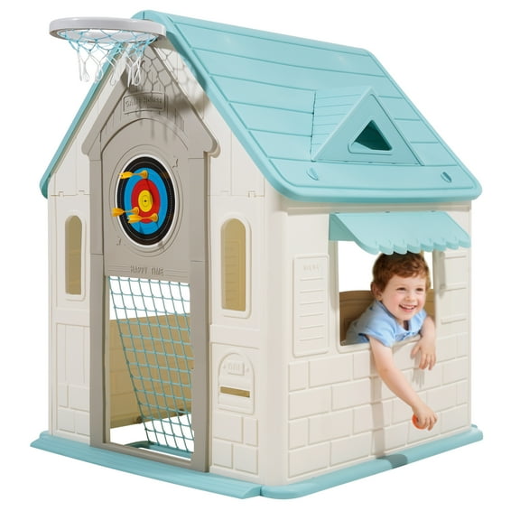 VEVOR Outdoor Playhouse, 5-In-1 Cottage Play House with Pretend Play, Basketball, Darts, Soccer, Ring Toss, Window & Convenient Door, Toddler Slide Set for Aged 2 , Smooth Edges,Polypropylene Plastic