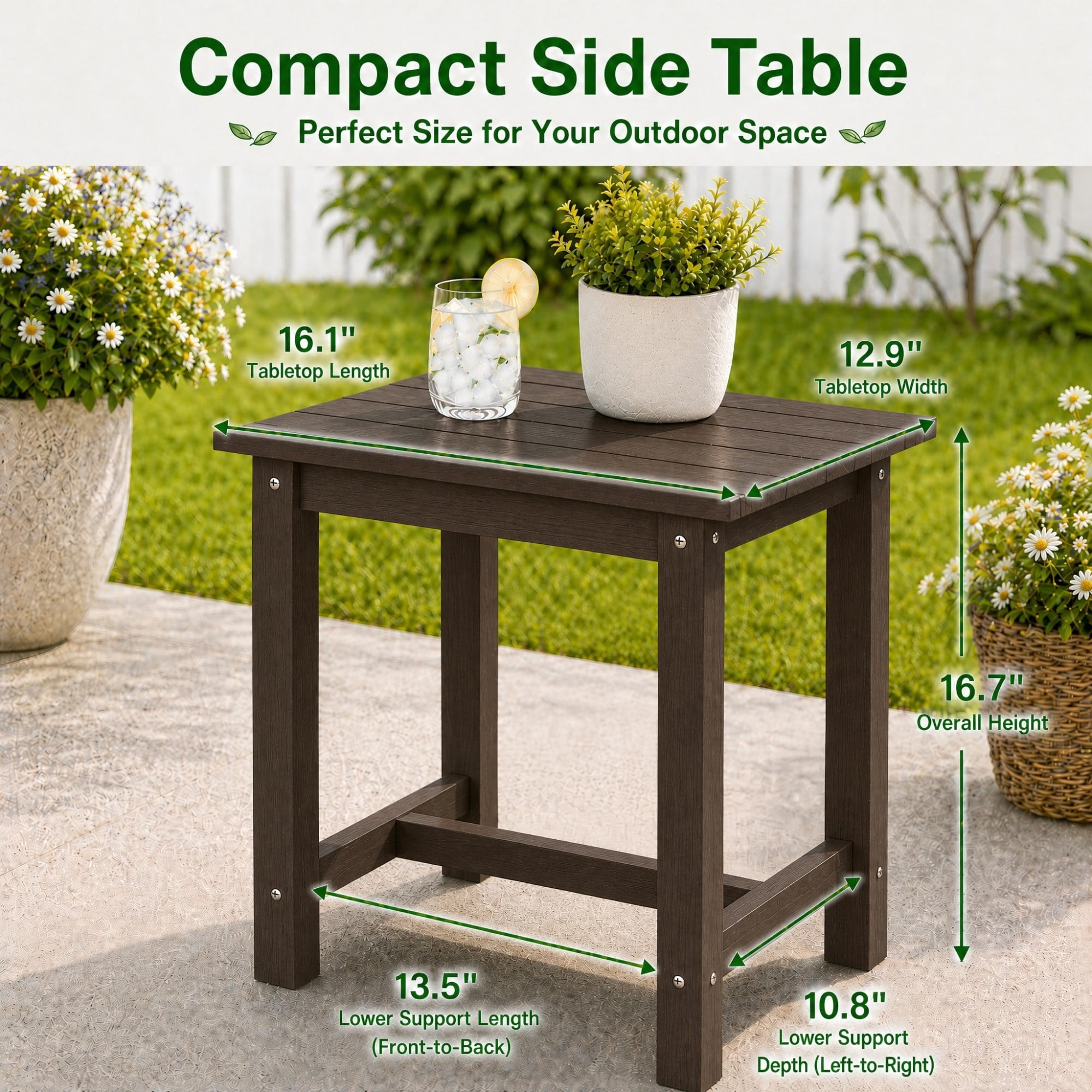 Y&M Outdoor Side Table, HDPE Patio End Table for Adirondack Chair, Weather Resistant Small Accent Table, Coffee, 2 Pack