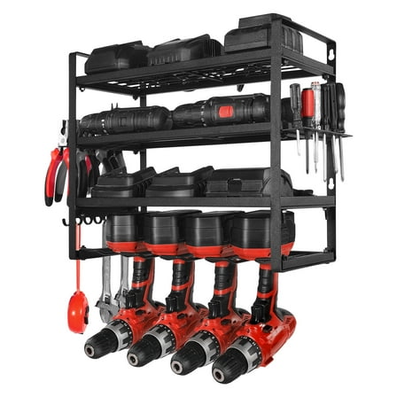 KFFKFF Wall-Mounted Power Tool Organizer, 4-Tier Storage Rack with Drill Slots, Tool Holder and Storage Shelf with Screwdriver Slot, Ideal for Garage, Workbench, and Workshop