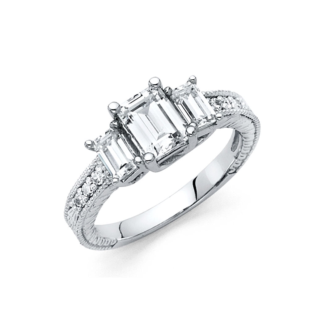 Round Cut White & Baguette Cut Diamond Ring Three Stone Engagement Ring Anniversary Diamond Ring Wedding Ring CZ White Diamond Ring