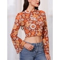 thumbnail image 3 of IDOPIP Bell Sleeve Tops for women Lettuce Trim Mock Neck Floral Mesh Top Crop T Shirt S-XL, 3 of 10
