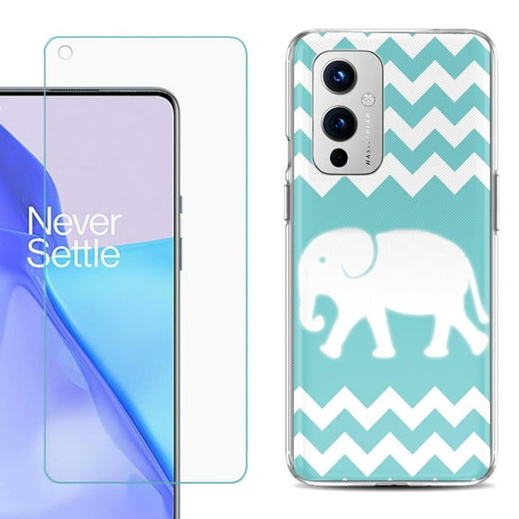 Slim-Fit TPU Phone Case Compatible with OnePlus 9 5G, with Tempered Glass Screen Protector, by OneToughShield ® - Chevron/Teal/Elephant