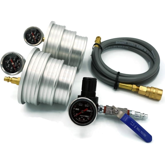 Charge Air Cooler CAC 60 PSI Intercooler Boost Leak Tester for Class 7/8 Semi Truck or any heavy duty vehicle. Pair of 6061 Billet Aluminum Step Down Adapters 4", 3.5" and 3" w/ 150 PSI Regulator hose
